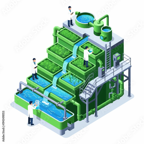 Scientists researching sustainable vertical farming and hydroponic cultivation system.