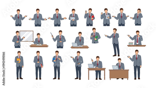 Business Presentation Icon Set: A comprehensive collection of business professionals demonstrating a range of gestures and poses. From presentations to desk work.