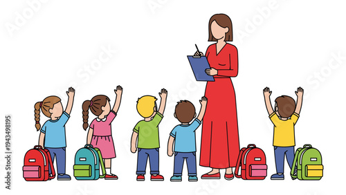 School Enrollment Illustration: The image depicts a cheerful class of children raising their hands, supervised by a dedicated teacher, emphasizing early education and active learning.
