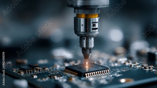 Precision robotic arm focusing on a microchip du advanced electronics manufactu process within a high tech laboratory environment.