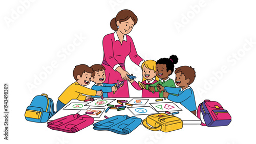 Nurturing Creativity in Classroom: A teacher guides a circle of young children, fostering imagination and development through hands-on learning with colorful drawing materials.