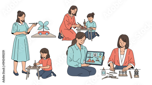 Crafting Moments: A group of mothers and children creatively engage in various crafting activities, fostering connections. 
