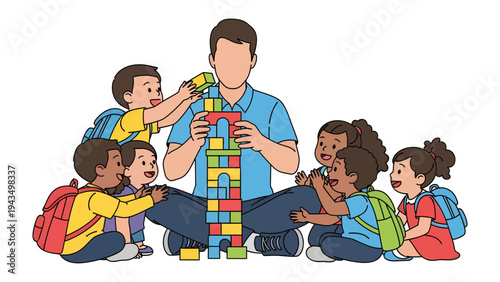 Building Blocks of Community: A teacher and a group of young students engaged in collaborative play, constructing a colorful tower of blocks, embodying the spirit of learning and teamwork.