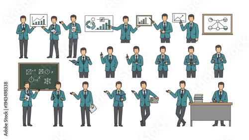 Professional in Presentation Poses: A professional individual demonstrates a range of gestures and poses. Featuring diverse scenarios, with graphics for business or education purposes.