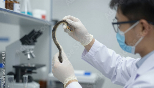 Scientist extracting venom from snake in laboratory