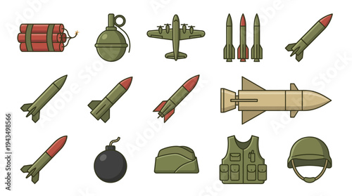 military equipment icon set, flat vector illustration, world war style icons collection, dynamite sticks, grenade, airplane bomber, rockets, missile, bomb, army cap, tactical vest, soldier helmet, sim
