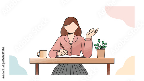 The Thoughtful Author: An illustration shows a woman writing in her notebook with a pen at a wooden table in a creative home office setting.