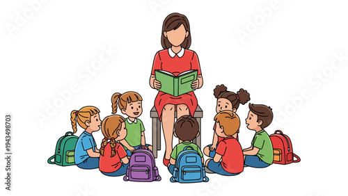 Enchanting Storytime Circle: A teacher captivates a circle of attentive young students with a storybook, fostering a love for learning in a cozy classroom setting.