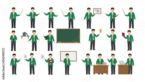 Teacher in Various Poses: A vector illustration showcases a teacher in various poses, gestures, and settings, highlighting the multifaceted role of educators in the classroom. 