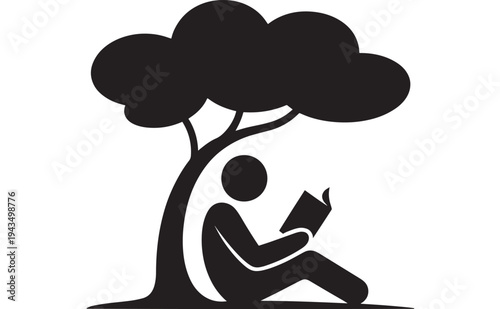 Reading Under Tree Icon – Person Sitting With Book for Education, Literacy and Knowledge Concept