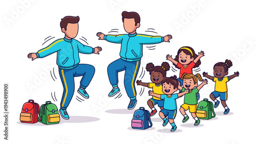 Jump for Joy: A group of children enthusiastically engaging in jumping jacks during a physical education class, with their instructor leading the way, filled with pure joy.