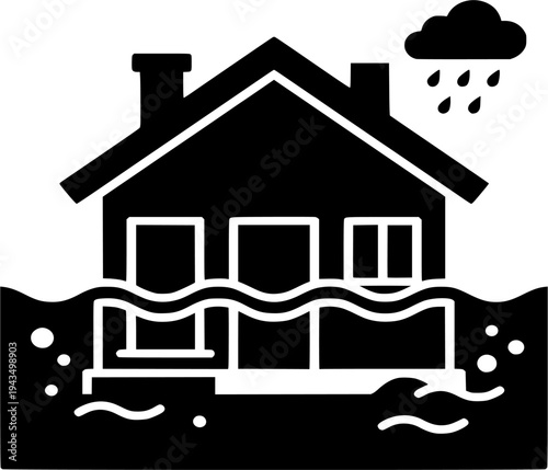 Professional black and white vector illustration of a house submerged halfway in flood water. Clean design isolated on white background. Suitable for disaster awareness, insurance, and environmental