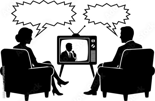 Retro style black and white vector illustration of a man and woman watching an old television from behind. The TV screen shows a broadcaster holding a microphone. Vintage aesthetic design isolated