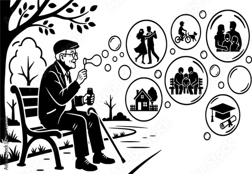 A nostalgic black and white vector illustration of an old man sitting on a park bench, blowing bubbles. Inside the bubbles are miniature scenes representing his past memories. A creative and emotional