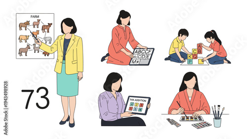 Illustration of various educational scenes: The illustration portrays a teacher guiding students through an animal learning session, alongside moments of children engaged in creative activities.