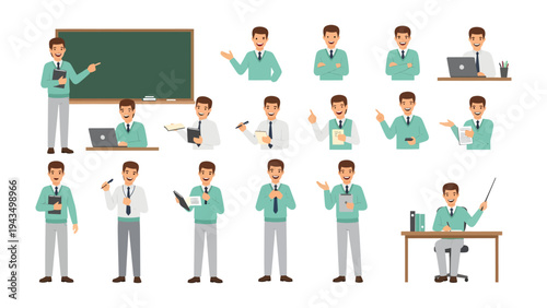 Professional Presentation and Interaction: A collection of illustrations showcases a professional in various poses, gestures, and actions, offering versatility for educational or corporate contexts.