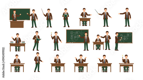 Teaching Moments: A collection of educational illustration depicting instructor in various poses, at the desk, using the blackboard, explaining the lesson. 