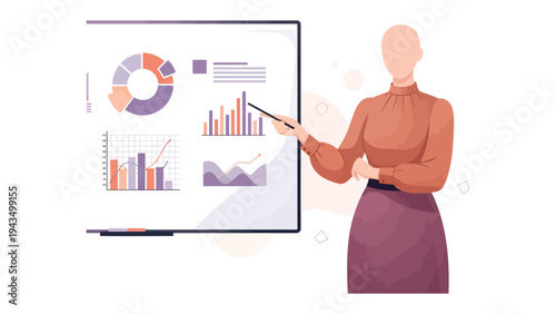 Data Analysis Presentation: An illustration of a presenter pointing towards a display board, presenting data, graphs, and charts.