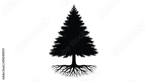 A black silhouette of a pine tree with exposed roots
