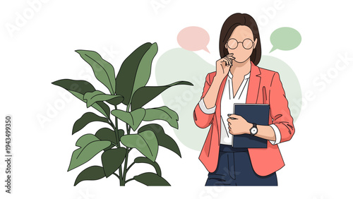 Thinking Woman and Plant: A thoughtful woman stands pensively alongside a vibrant plant, contemplating ideas, with speech bubbles suggesting thought processes and communication