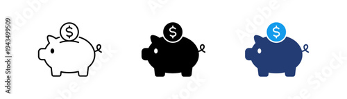 Piggy bank savings icon set with dollar coin representing financial savings, budgeting, personal finance management, and investment goals