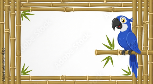 Bamboo borders with a cartoon blue macaw positioned on the right side of the screen, on a white wall background, wallpaper design.
