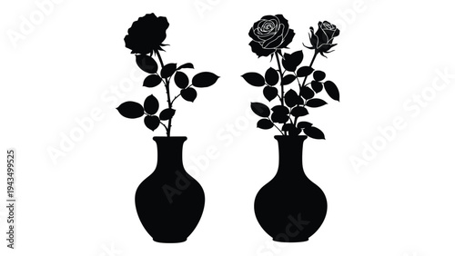 Two black silhouette vases with roses on a white background