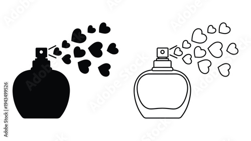 A black and white perfume bottle with hearts coming out