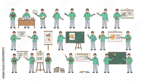 Presentation Poses: A professional presenter in various poses, gestures, and settings, providing a complete range of presentation-related actions and interactions.