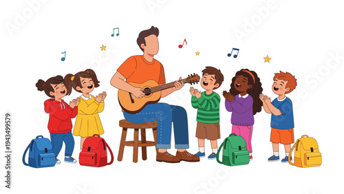 Harmonious Serenade: A teacher captivates a circle of enthusiastic children with a joyful tune, strumming chords on his guitar amidst playful musical notes.