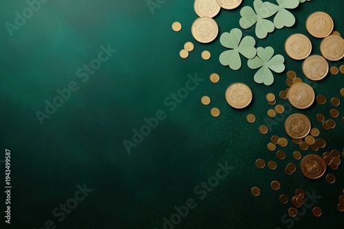 St. Patrick's Day items including green shamrocks and scattered gold coins on a dark green background, symbolizing luck and wealth