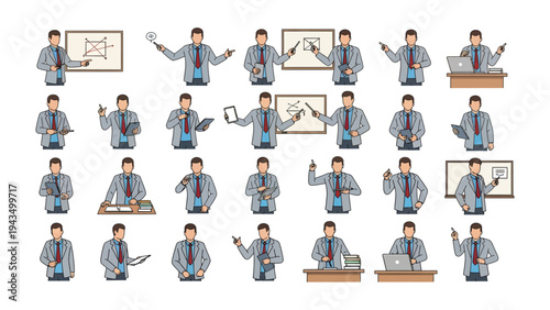 Business Man's Guide: a collection of illustrations of business man with various gestures, demonstrating versatility in communication and presentation.
