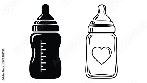 A black and white baby bottle with a heart on it