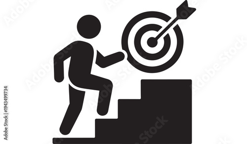 Target Goal Achievement Icon – Businessman Climbing Stairs To Hit Bullseye Success Concept