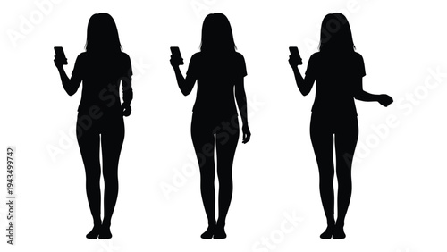 Three black silhouettes of women using smartphones