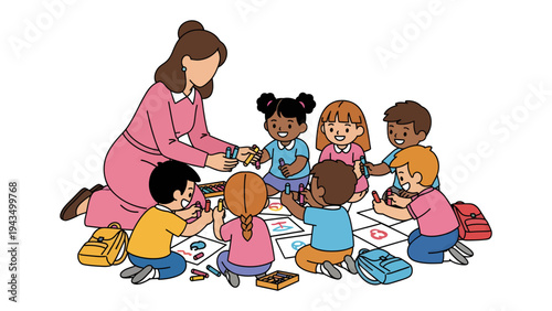 Artistic Learning: A teacher guides a diverse group of young children in a creative art project, fostering imagination and development through hands-on expression.