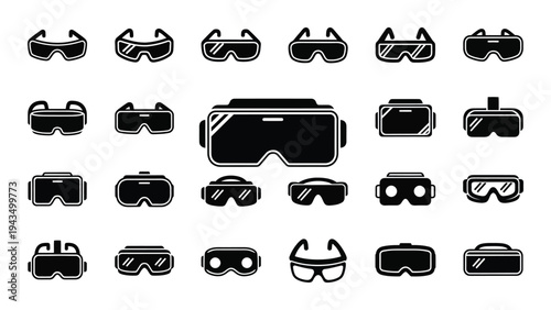 A collection of virtual reality headsets and goggles
