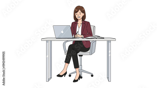 Professional Woman at Desk: An illustration of a poised woman engaged in focused work at her desk, showcasing modern business and office dynamics.