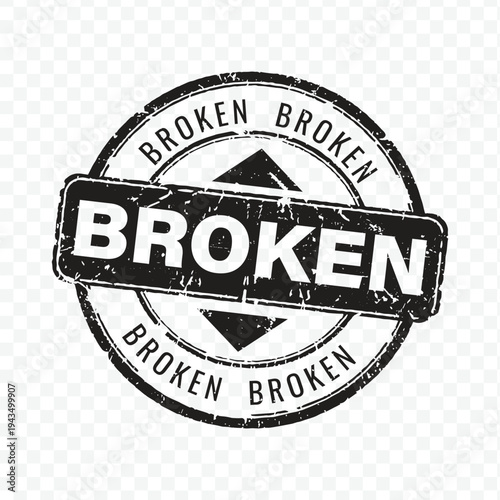 Broken text rubber stamp in black ink grunge style for damaged items and status marking needs