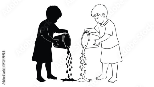 Two children pouring water from buckets