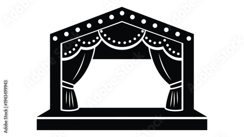 A black and white illustration of a theater stage with curtains