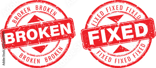 Set of broken and fixed round rubber stamps with red ink grunge texture for repair services