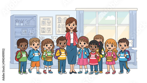 Classroom Companions: A teacher stands proudly amidst a circle of bright-eyed students, representing a welcoming classroom setting, full of friendship and anticipation for the school year.