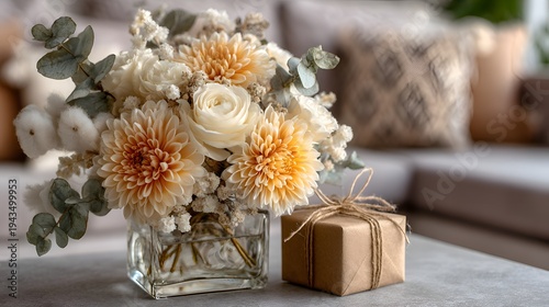 A charming floral arrangement in a glass vase and a small wrapped gift box create a cozy and inviting atmosphere on a living room table.