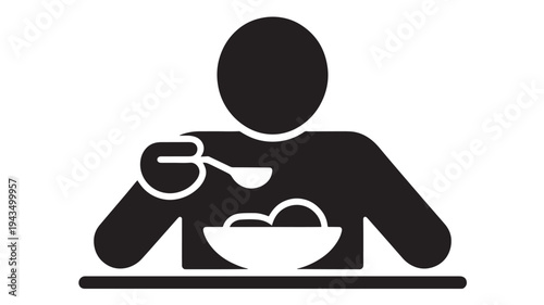 Eating Icon Person With Bowl And Spoon Nutrition Meal Concept Minimal Vector