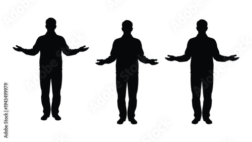 Three black silhouettes of men with arms outstretched