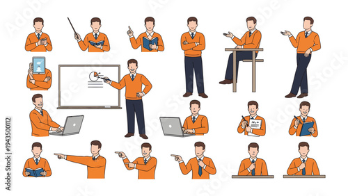 Professional Presenter's Collection: A comprehensive set of illustrated poses depicting a professional presenter in various gestures and settings, ideal for visual communication needs.