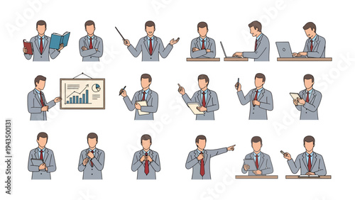 Multifaceted Business Professional: A set of illustrations showcasing a versatile business professional engaged in a variety of activities, from reading to presenting.