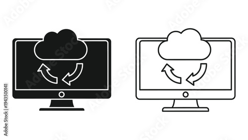 Black and white icons of computer monitors with cloud sync symbol