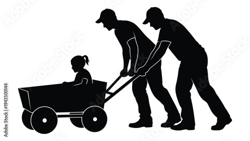 Two adults pushing a child in a wagon